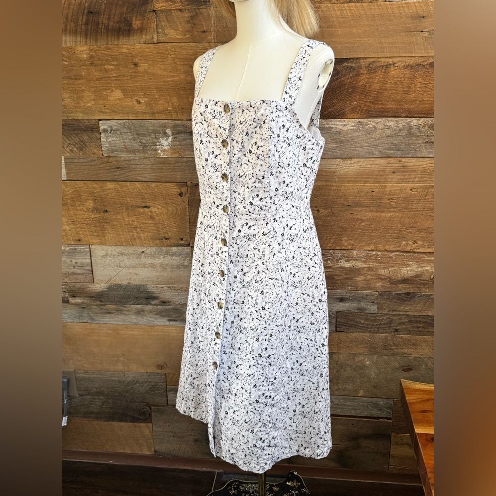 Gap White Grey Black Floral Linen Bib Front Button Down Dress w Pockets 10 Tall